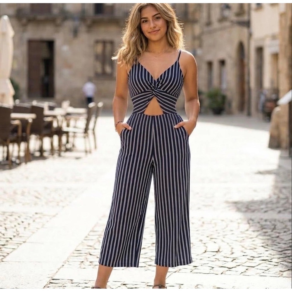 Hollister Jumpsuit Womens S Navy Blue White Crop Striped Cutout Nautical Coastal